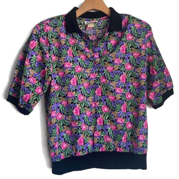 Vintage 80s Notation Floral Ganja 3/4 Sleeve Top M - Picture 1 of 13